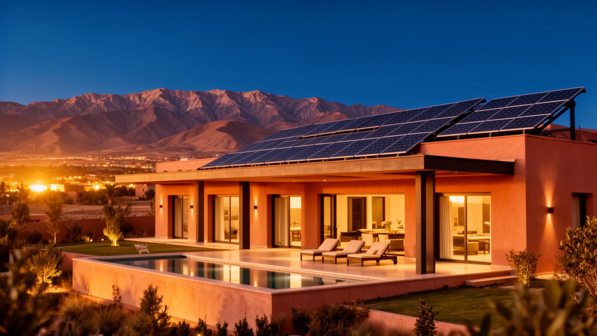 Villa marocaine moderne avec panneaux solaires au coucher du soleil sur l'Atlas